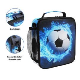WEVIBOFU Blue Soccer Flame Football Fire Lunch Box for Girls Boys Insulated Lunch Bag with Adjustable Shoulder Strap Kids Thermal Tote Bags Cooler School Travel Picnic
