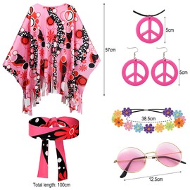 Hippie Costume Set, Hippie Poncho Women, 6 Pieces Pink Hippie Costume Women's Poncho Set Plus Size, Peace Sign Necklace Earrings, Flowers Headband, Hippie Headbands, 60s 70s Fancy Dress Costume