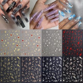 8 Sheets Sun Star Nail Art Stickers Moon Nail Stickers 3D Self-Adhesive Laser Gold Silver Rose Gold Design Star Nail Decals Nail Art Supplies for Women Girls Acrylic Nail Salon Manicure Decorations