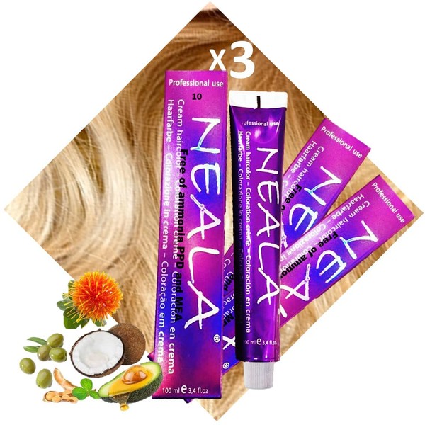 3 hair dyes Neala-10 light blonde – professional permanent vegan dyes without ammonia, PPD and MEA-free with great shine and opacity – Neala 3 x 100 ml = 300 ml.