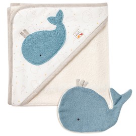 Fehn Baby Whale Bath Towel & Wash Mitt Bath Set - Hooded Towel with Cute Whale for Babies and Toddlers from 0+ Months - Children's Poncho with Organic Cotton