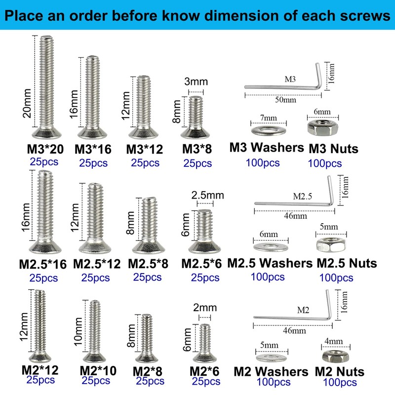 FandWay 900Pcs M2 M2.5 M3 Hex Socket Countersunk Screws,304 Stainless