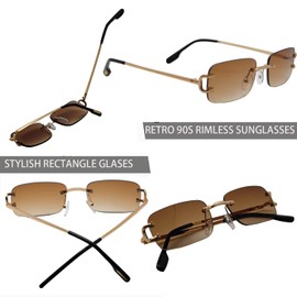 Mriendao Small Narrow Rimless Sunglasses for Women Men Tiny 90s Frameless Rectangle Tinted Brown Sun Glasses Shades
