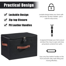 VinneGenzz Storage Bins Boxes with Zipper Lid Combination Lock PU Leather Handles Cotton Linen Fabric Lidded Lockable Baskets Foldable Washable Closet Shelf Organizer Container (Black, Large)