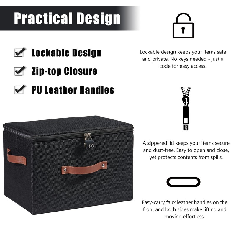 VinneGenzz Storage Bins Boxes with Zipper Lid Combination Lock PU