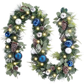 WANNA-CUL Pre-Lit 9 Feet/108 Inch Christmas Garland with Lights for Front Door Silver Blue Lighted Christmas Mantel Garland Decoration with Ball Ornaments, Pine Cones, Battery Operated 50 LED
