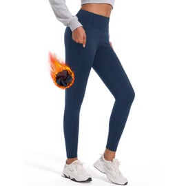 SEVEGO Women Fleece Lined Tall Yoga Leggings Thermal Warm Winter High Waisted Workouts Pants with Pockets, 34", Dark Blue, Small