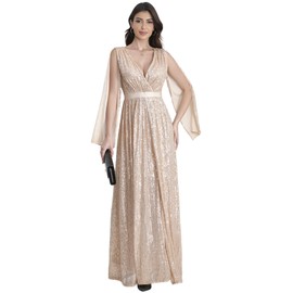 DQHKOW Women's Sequins Deep V Fashion Slit Shoulder Maxi Dresses Formal Evening Gowns.(Champagne,Medium)