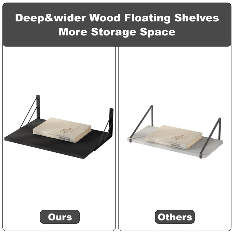 Love-KANKEI Wide Deep Floating Wall Shelves Set of 2,16"x12",Wood,Black