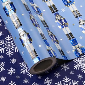 WRAPAHOLIC 30 Inch Jumbo Reversible Nutcracker Christmas Wrapping Paper - 30 Inch x 33 Feet - Foil Blue Snowflakes and Nutcracker Wrapping Paper for Christmas Holiday, Party Celebration