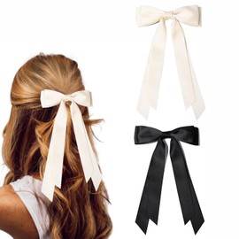 2 Pack Bows Hair Clip, French Barrette, Long Silky Satin Hair Ribbons, Bow Hair Clips, Soft Satin Silky Hair Bows for Women Girls (Black, Whrite, Beige) (black＋beige)