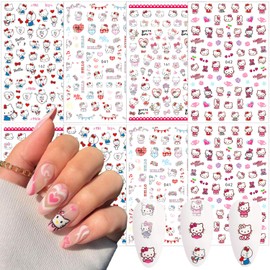 8Sheets Valentine's Day Nail Stickers for Nail Art, Cute Nail Decals 3D Self-Adhesive Kawaii Heart Cartoon Nail Art Design Stickers Kawaii Nail Charms Supplies for Women Acylic DIY Nail Decoration