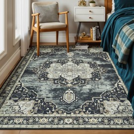 Vibrug Washable Rugs for Living Room Bedroom, 5x7 Area Rugs for Kitchen Office Nursery, Non Slip Low Pile Rug Indoor, Vintage Boho Print Floral Carpet, Retro Black Brown