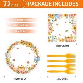 72 Pcs Fall Party Supplies Paper Plates and Napkins, Thanksgiving Pumpkin Flower Wreath Plates Napkins Tableware Set for Autumn Theme Party Decorations (Fall)