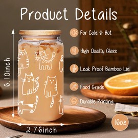 Qubereeree Cat Lover Gifts for Women Girls, Funny Cat Glass Cups with Lids and Straws, Birthday Gift for Cats Lovers, Women, Bestie, Sister, Best Friend, Daughter, Cute Cats Themed Stuff