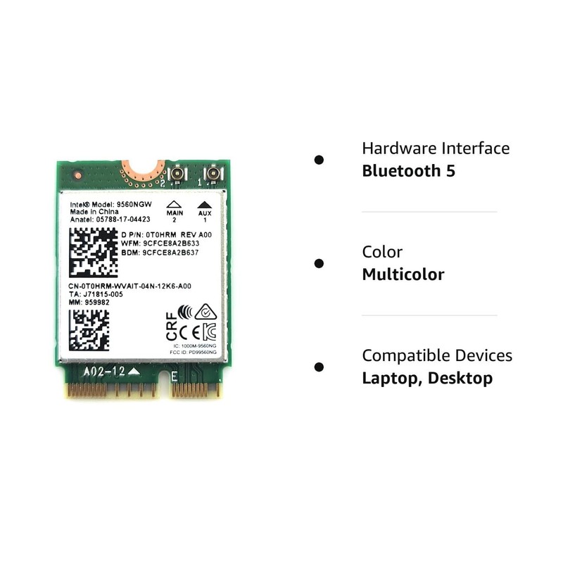 Intel Wireless-AC 9560, M.2 2230, 2X2 Ac+Bt, Gigabit, No Vpro