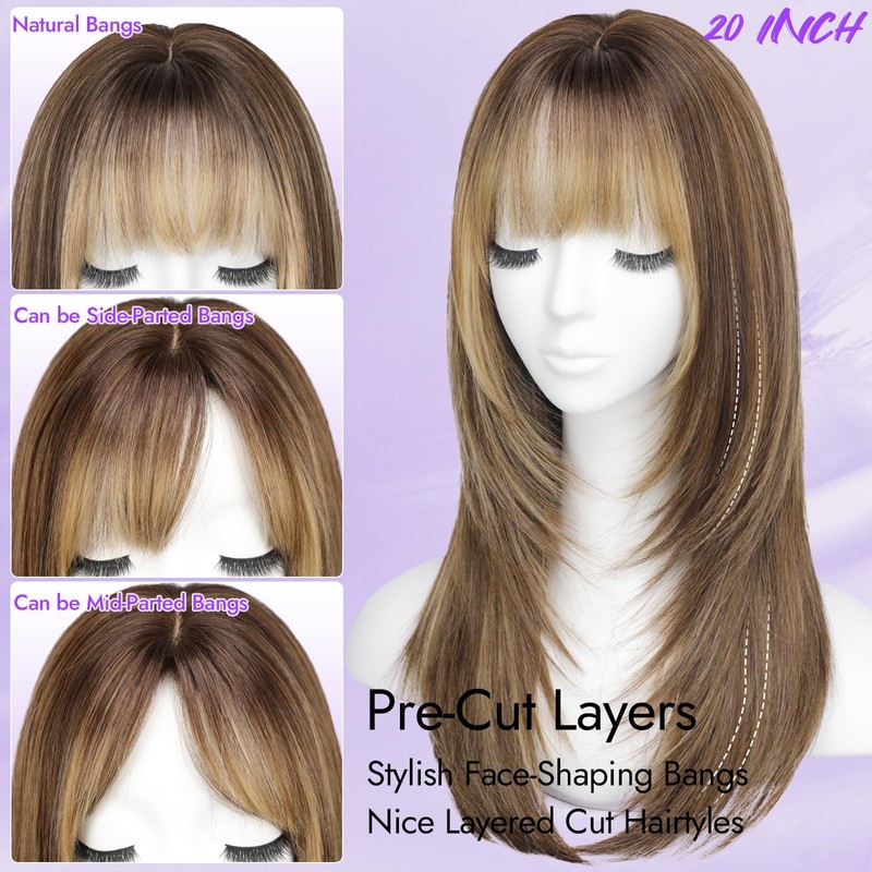 Eawwii Wig with Bangs for Women Brown Blonde Highlight Straight