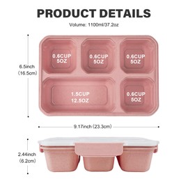 greenandlife 4 Pack Bento Lunch Box Set for Kids Adults, 5 Compartment Reusable Wheat Straw Meal Prep Food Storage Snack Containers, Microwave and Dishwasher Safe, INS