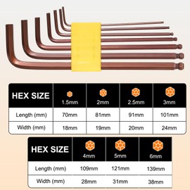 HARFINGTON 7pcs Ball End Hex Key Wrench Set 1.5/2/2.5/3/4/5/6mm 45# Steel L-Shape Hexagon Metric Wrenches Repairing Tool for Home DIY Bike Motorcycle Repair, Bronze