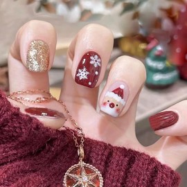 Christmas Press on Nails Square Short Artificial Acrylic Fake Nails Santa Claus Snowflake Design, Full Cover Reusable Coffin Shaped Glossy False Nails, DIY Stick on Nails Set, Glue on Nails for Women