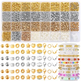 Funtopia Spacer Beads Bracelet Making Kit, 2320 Pcs Jewelry Making Supplies with Assorted Round Star Silver Gold Beads, Round Pearls and Lobster Clasps, DIY Crafts Necklaces Bracelets Earrings
