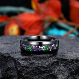 Reseldda 8mm Tungsten Rings for Men Black Men's Wedding Bands with Amethyst and Emerald Inlay Promise Engagement Rings Art Deco Purple/Green Birthstone Dome Polished Size 12