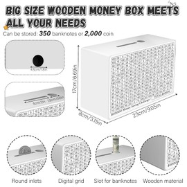 Wooden Money Saving Box, Cash Savings Box for $10000 $5000 $3000 Target Money Saving Challenge, Reusable Money Box with Counter, Cash Vault Bank with Dry Erase Pen/Savings Trackers/Rubber Band-White
