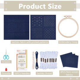 FREEBLOSS 4 Set Sashiko Coasters DIY Kit with Instructions Pre- Printed Sashiko Kit for Beginners Sashiko Practice Project Embroidery Kit Sashiko Printed Cloth Coaster