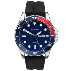 Sekonda Balearic Mens 44mm Quartz Watch in Blue with Analogue Day/Date Display, and Black Rubber Strap 1580