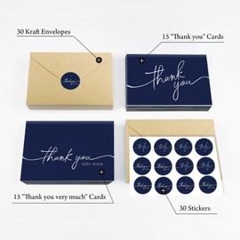 BGTCARDS Thank You Cards with Envelopes, 30 Navy Blue Thank You Cards, 4" x 6" Classy Thank You Card for Business, Baby Shower, Wedding, Small Business, Graduation, Bridal Shower