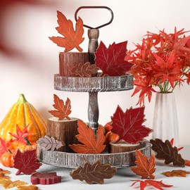 Bencailor 12 Pcs Fall Maple Leaves Decor Thanksgiving Tiered Tray Decor Retro Maple Leaf Wooden Sign Fall Centerpiece for Table Thanksgiving Tabletop Sign for Home Desk Office Party Decoration