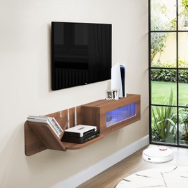 Pmnianhua Rustic Floaing TV Stand with LED Lights,59'' Wall Mounted Media Console,Floating Entertainment Center,Floating Shelf with Glass Door and Storage for Under TV Projector(White)