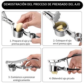HOGESA Prensa de Ajo, Exprimidor Manual de Ajos en Acero Inoxidable, 3 en 1 con Pelador de Ajos y Cepillos para Cocina en el Hogar