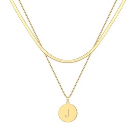 Gold Layered Initial Necklaces for Women Gold Plated Coin Pendant Necklace Snack Chain Choker Necklace for Girls (J)