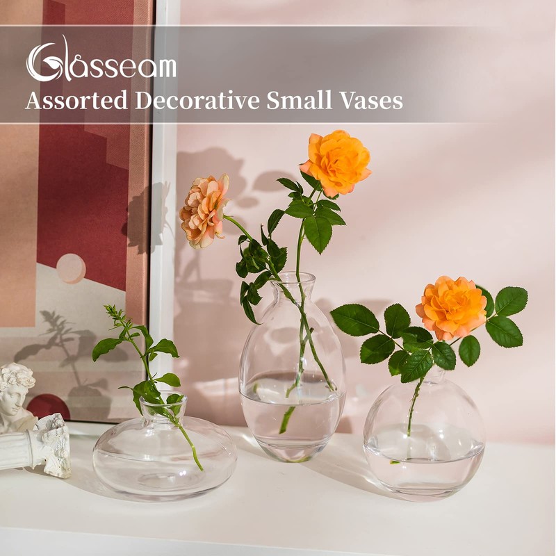 Glass Bud Vase for Centerpieces, 12Pcs/4Sets Glasseam Modern Clear Mini