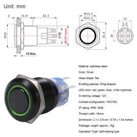 Keenso LED Push Button, 19 mm 12 V-24 V Metal LED On/Off Self-Locking Push Button Waterproof 12 V Switch Push Button (1 Piece, Green)