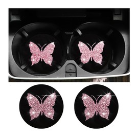 BESULEN Butterfly Car Coasters, 2 Pack Universal 2.75 Inch Anti Slip Insert Cup Holder Coasters, Bling Diamond Drink Cup Mug Mat Pad for Women, Pretty Decorations Car Interior Accessories