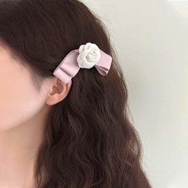 Xduargs Vintage Bow Hair Clips Satin Bow Hair Pin Barrettes Silk Bow Hair Clip Barrette Camellia Bow Hair Barrette Satin Ribbion Bowknot Hairpin Clip Camellia Flower Hair Clips for Women(Pink)