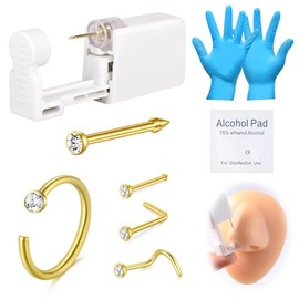 DJCIW 8Pcs Nose Piercing Kit, Piercing Gun Built-in Golden Nose Studs, Painless Self Piercing Kit with 20G Nose Hoop Rings Studs, Disposable Piercing Gun for At Home Nose Piercing