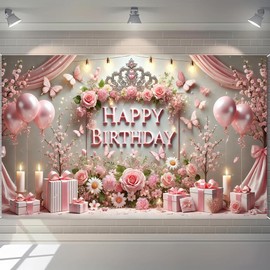 Happy Birthday Party Decorations 71x43 Inch Princess Theme Happy Birthday Background Pink Rose Crown Birthday Banner Girl Party Decorations Photo Photography Props