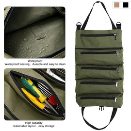 JNNJ Tool Roll Organiser, Car Tool Roll Bag with Zip Pockets, Multi-Purpose Canvas Tool Roll for Electricians, Household, Car, Motorcycle (Khaki)