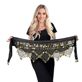 TRIMODI Women's Belly Dance Hip Scarves Performing Glittering Sequined Coins Velvet 320 Coins Belly Dance Belt, Black Gold, One Size