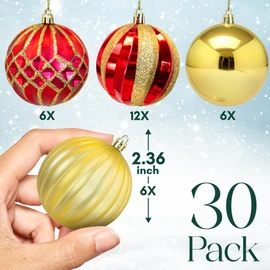 Pelle & Sol 30 Pcs Christmas Baubles Set 6cm / 2.36 inches - Christmas Decorations, Shatterproof Baubles for Christmas Tree Decorations, Lightweight Xmas Balls w/Easy to Hang String (Red & Gold)