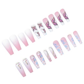minkissy 24pcs Gradient Butterfly Press Nails Heart Design Easy Fake Nails for Daily Wear Special Occasions Unique Chic for Women