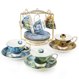 Van Gogh Bone China Set of 6 Cups and Saucers With Rack, Coffee Cup and Saucer Set With Gift Box, 8-Ounce Art Coffee Mugs Set