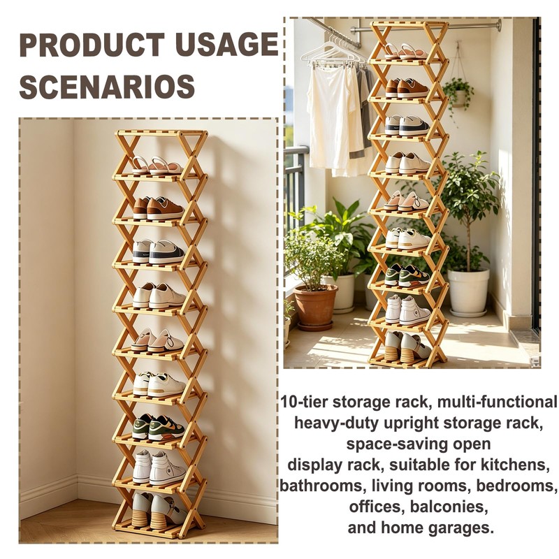 10 Tier Bamboo Shoe Rack, Foldable 10 Tier Bamboo Corner