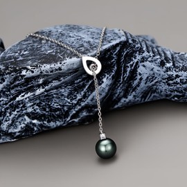 Black Pearl Necklace for Women 9-10mm Tahitian Single Pearl Pendant Necklace 18k White Gold Plated Silver 18+2 Inches Adjustable, Sterling Silver, No Gemstone
