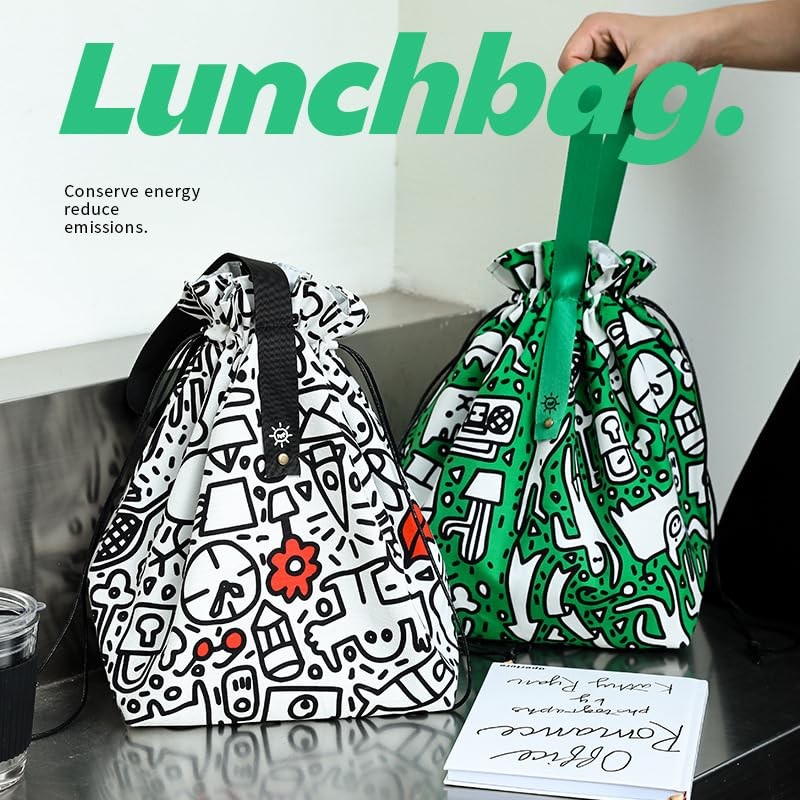 XINGNIAO Creative Graffiti Insulated Lunch Bag, Cotton Canvas Drawstring Bento