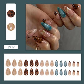 Almond Press on Nails Medium 3D Fake Nails with Stars Design Cute Leopard French Tip False Nails Gold Cheetah Acrylic Nails Full Cover Glue on Nails Almond Shaped Stick on Nails for Women 24Pcs