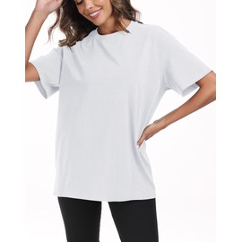 PRIMODA Womens Oversized Short Sleeve T Shirts Trendy Crew Neck Loose Workout Tee Casual Summer Tops Cotton(White M)